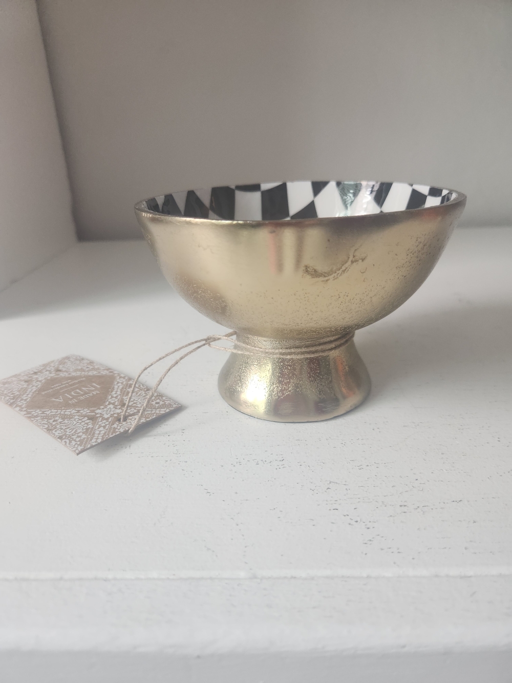 Checkerboard Ceramic Lined Brass Pedestal Bowl - Picture 2 of 9